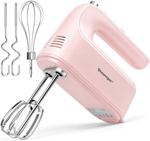 Showvigor Handmixer, Elektrisch, Rosa | 5 Geschwindigkeitsstufen, 300-Watt-Motor, 5 Edelstahl-Aufsätze, Spülmaschinenfest