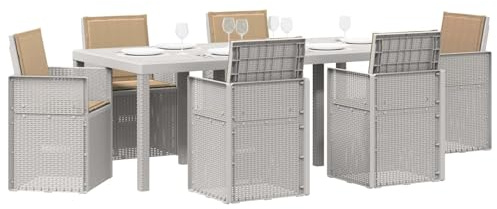 vidaXL Garten Essgruppe mit Kissen 7 pcs Weiß und Taupe PP, Moderne, wetterfeste, UV-beständige, stylische Gartenmöbel, Essgruppe für die Terrasse, langlebige Sitze