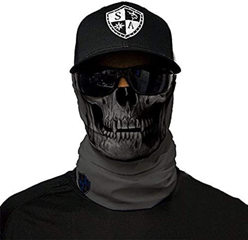 SA Fishing Cache-nez/cache-col/bandana/foulard/masque polyvalent, plus de 40 motifs disponibles, en tissu avec indice de protection UV 40, Gris/motifs têtes de mort