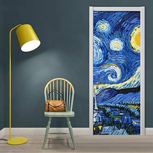 Yelilad Adesivi per Porte Interne 3D Blu Cielo Stellato Van Gogh Pittura a Olio Parete Arte Moderna Soggiorno Camera dei Bambini PVC Impermeabile Autoadesivo 90x200 cm