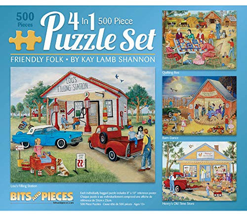 Bits and Pieces - 4-in-1 Multi-Pack Set 500 Piece Jigsaw Puzzles for Adults - Each Puzzle Measures 18 x 24 - Friendly Folk Jigsaws by Artist Kay Lamb Shannon