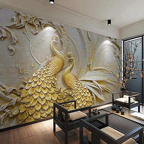 HGFHGD 3D Living Room Mural Relief Golden Peacock TV Background Wallpaper Home Decoration Wallpaper Wall Stickers Wall Art
