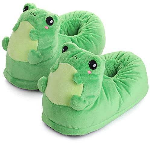 corimori - Eddy der Frosch, Plüsch Hausschuhe, lustige Tier-Pantoffeln für Kinder und Erwachsene, Einheitsgröße 34 bis 44, Grün
