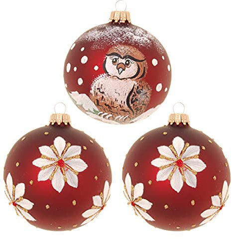 Krebs Glas Lauscha Weihnachtsdekoration/Christbaumschmuck aus Glas - Weihnachtskugeln - Motiv: Weihnachtsland Burgunder - 3 Stück - Größe: ca. 8 cm