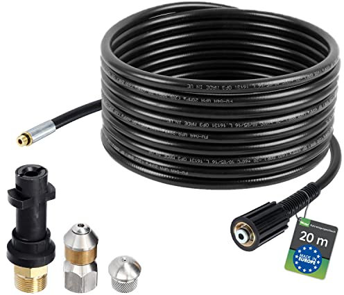 Flexible de nettoyage de tuyaux, 20m, 160-200 bar, adaptateur inclus, buses fixes + rotatives, compatible avec les nettoyeurs haute pression Kärcher K2, K3, K4, K5, K6, K7