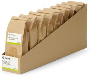 HENDI Sciure de bois de fumage, copeaux de bois fines, pour le fumage à froid, aromatique, coffret de 9 arômes, amande/hêtre/olive/agrumes/chêne/pêche/vin rouge/whisky/cognac, fumoirs, 1,4kg (9x150g)