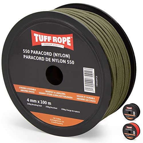 TUFF ROPE® Paracorde 550 (nylon) – 100 m x 4 mm sur bobine – La corde solide – Indéchirable et durable – 7 fils – un must dans n'importe quel équipement extérieur (camouflage / vert militaire)