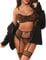 Aranmei Damen Sexy Wimpern Fischnetz Dessous Set Kette Babydoll Bügel BH und Panty Sets mit Strumpfgürtel 4 Stück, Leoparden-Print, Large