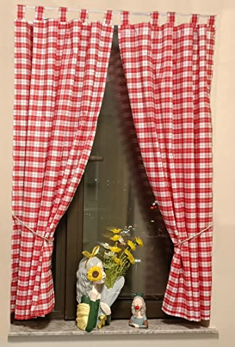Yaland Blickdichter Vorhänge mit Karo-Muster Landhaus Gardinen Wohnzimmer Gardinenschals mit Raffhalter Schlaufen (BxH 80x120cm, rot) 2 Stück