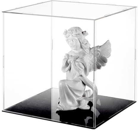 FINGERINSPIRE Klare Acryl Vitrine mit schwarzem Sockel & 4 Stück Gummiringe 26x26x25cm Würfel klar Selbstmontage Acryl Box staubdicht Schutz Vitrine für Action Figuren Sammlerstücke Spielzeug