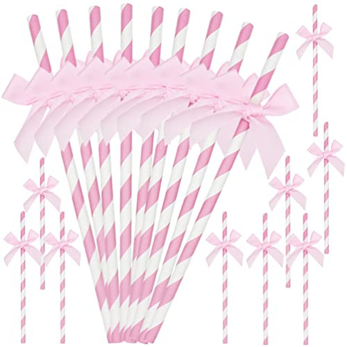 STOBOK 60 Pcs Paper Drinking Straws with Bow, Stripe Straw for Party Decorative Birthday Wedding Baby Shower Christmas Juice Coffee Cold Drinks - Pink