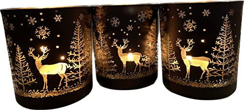 khevga Juego de portavelas de Navidad de invierno, de cristal, color negro, blanco, dorado y plateado (negro y dorado, juego de 3)