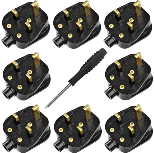 UK Plugs with 13 AMP Fused, 3 pin Mains Plug with Cord Grip Rewireable Heavy Duty Electrical Plug, Rubber Composite Plug, 8 Pack - Black