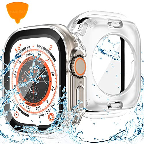 Goton Funda impermeable 2 en 1 para Apple Watch Ultra Ultra2 2024, protector de pantalla de 49 mm de cristal 360°, marco lateral duro de policarbonato + marco trasero para iWatch Ultra, transparente