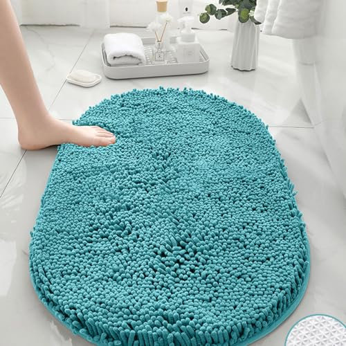 Mateju Tapis de Bain Antidérapant, Ovale Tapis Salle de Bain Absorbant en Microfibre Chenille Tapis de Douche, Doux et Confortable Tapis de Sol Lavable (50x80CM,Bleu Gris)