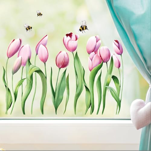 Wandtattoo Loft Fensterbilder Frühling mit Tulpen & Bienen Oster Motiv – A3 Bogen, Wiederverwendbar – Frühlingsdeko Fenster, Frühlingsbild Fenster, Fensterdeko Frühling, Fensterfolie Frühling