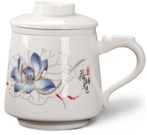 HwaGui Taza de té con colador de té y tapa, pintado a mano, diseño de flor de loto, taza de cerámica grande, mango de madera, taza de té para uso diario y de oficina, 350 ml