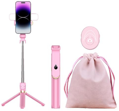 Selfie Stick Phone Tripod with Detachable Remote, Fill Light and Storage Bag - Extendable Video Stand for Vlogging, Live Streaming, Travel (Pink)