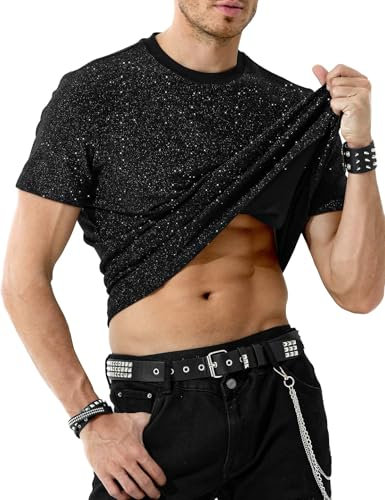 Casey Kevin Herren Glitzer T-Shirt Pailletten Hemd Shirt Metallic Shirt Sommer Oberteil Tops Für Männer Goldenes Silber Tee Mit Rundhals-Ausschnitt Clubwear Men