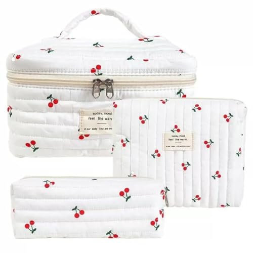 Rockreyoa Reise Kosmetiktasche Coquette Kosmetiktasche aus Baumwolle Groß Make Up Tasche Organizer mit Bürstenfach Kawaii Kulturbeutel Blumen Gesteppte Kulturtasche Große Kirsche 26 * 7 * 18cm