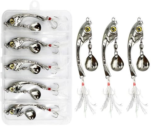 Yixinly 5 Stück Jig Spinner Set 15g in Köderbox Angeln Metall Löffel Köder Spinner Bleikopfspinner für Barsch Hecht Zander Döbel, Angelgeschenke für Männer, Angelköder für Süß- und Salzwasser (Silber)
