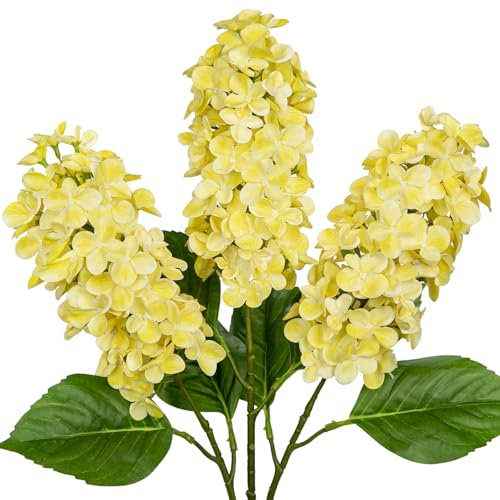 Briful 24.8 Artificial Hydrangea Flowers Real Touch Panicled Hydrangea Stems, 3PCS Yellow Artificial Flowers Faux Cone Hydrangeas for Tall Vase, Home Décor, Floral Arrangements