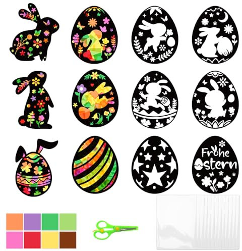 Osterbasteln mit Kindern, 12 Stück Bastelvorlagen Fensterbilder Ostern Basteln Kinder, Bastelset Ostern Fensterdekoration, Osterbasteln für Kinder DIY Osterdeko