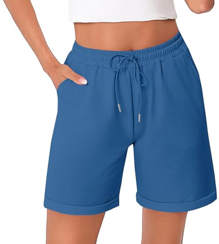 Litherday Shorts Damen Kurze Hose Damen Sporthose Kurz Baumwolle Sport Shorts Sommer Jogginghose Traininghose mit Taschen für Fitness, Running, Gym Rubinblau L