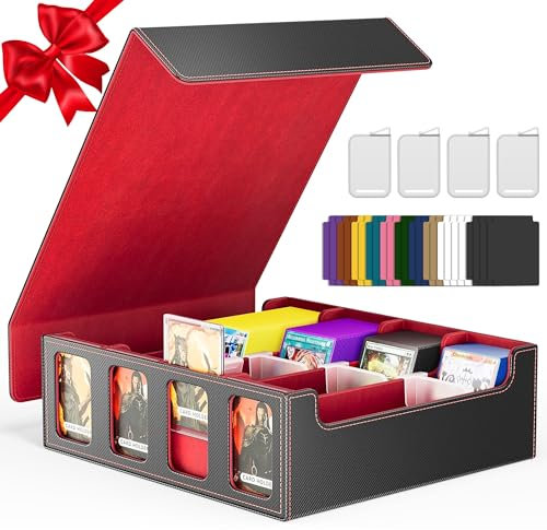 Trading Card Storage Box Fits 3200+ Cards, MTG Commander Deck Box with 24 Colorful Dividers & 4 Card Supporters, PU Leather Bulk TCG Storage Case Fits for Magic/TCG/YuGiOh/Sport Cards- Black & Red