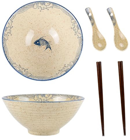 CZCMYAU Ceramic Ramen Bowl Set of 2 with Chopsticks and Spoons 1200ml Large Japanese Ramen Bowl Microwave & Dishwasher Safe for Noodle Pasta Salad Udon Pho and Soup