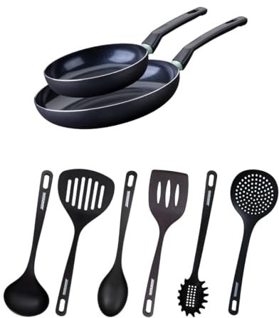 Fackelmann 9431650 Pfannen-Set, 2-teilig, antihaftbeschichtet, Keramikbeschichtung, 20 und 28 cm und 6 Utensilien, PFAS-freie Pfanne, Allherdpfanne, Induktion, Aluminium, RPET, Schwarz, Grün, 20 und