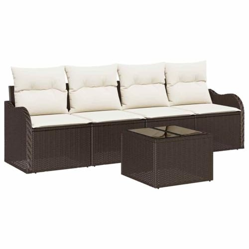 vidaXL 5-teiliges Gartensofa-Set mit Kissen in Braun aus Poly Rattan – Modulares Outdoor-Sitzmöbel mit verstellbaren Füßen, handgewebt für drinnen und draußen, ideal für die Lounge auf der Terrasse.