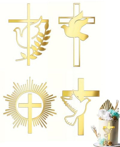 MOPZIJA 4PCS Kuchen Deko Kreuz Cake Topper Taufe Gold Acryl Torte Deko, Schillernder Spiegeleffekt für Hochzeit, Geburtstag, Weihnachten, Party & mehr, Kreuz und Blätter,tortendeko kommunion