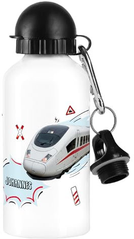 Striefchen® Personalisierte Trinkflasche für Kinder mit Wunschname – 500 ml Aluminiumflasche mit verschiedenen Motiven für Mädchen & Jungen (ICE Zug)
