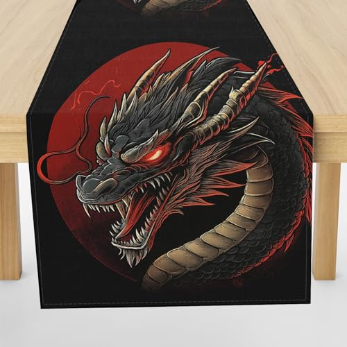 Meugesoi Orientalisch Drache Tischläufer 30x120 cm Japanische Stil Tischdecke Abwaschbar Küche Esstisch Tisch Runner, Tischläufer für Esszimmer Party Urlaub Dekoration