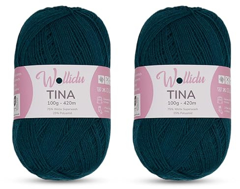Wollidu Tina Strumpfwolle/Sockengarn 4-fädig 2er Set – 75% Wolle 25% Polyamid – 100g/420m – Nadelstärke 2–3 mm – uni Sockenwolle – Farbe Petrol