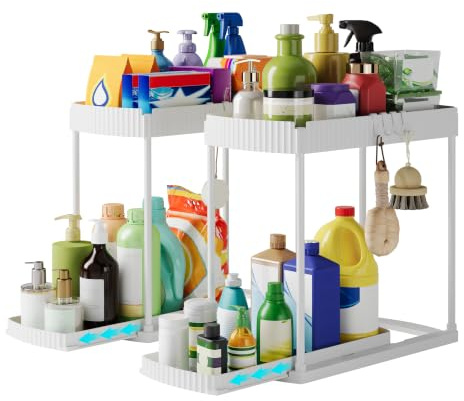 FLOWCASA 2er Set Küchen Organizer Ausziehbar, 2-stufig, Weiß | Für Küchenschrank und Spülschrank, mit ausziehbarer Ablage, 5 Haken und Unter-Waschbecken-Regal für Küche und Bad.