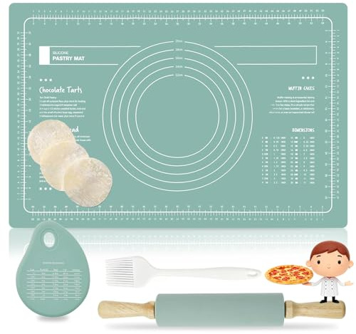 AEMCHDM Nudelholz Silikon Teigroller mit Holzgriff, 60 x 40 CM Ausrollmatte, Backmatte Silikon + Teigkarte + Pinsel, Extra Dick Rutschfeste Backunterlage für Fondant Gebäck Pizza, BPA Frei (Green)