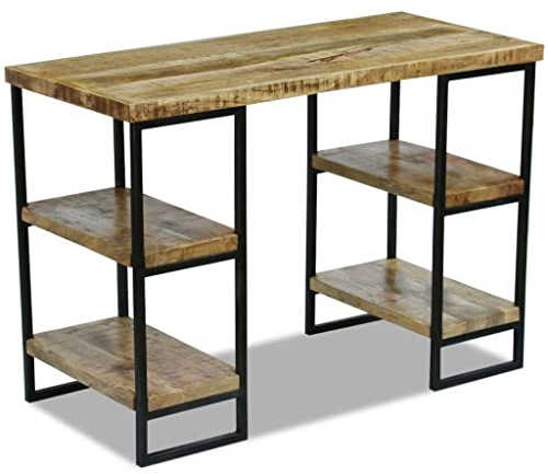 vidaXL Industrial-Style Office Desk: Solid Mango Wood with Durable Steel Frame and Ample Shelving, Perfect for Home or Office