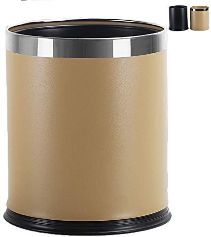 Trash Can Luxury Metal Waste Bin with Leather Cover,Open Top Office Wastebasket,Double Layer, Round Shaped (Apricot with silver ring)