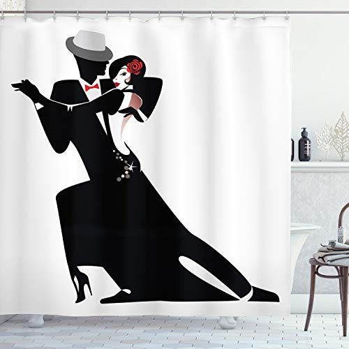 ABAKUHAUS Retro Duschvorhang, Romantische Tanzpartner, mit 12 Ringe Set Stielvoll Modern, 175x200 cm, Rot Weiß Schwarz