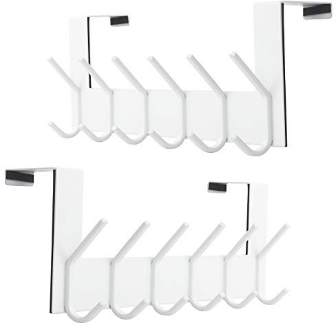 SKOLOO Türgarderobe zum Einhängen - für Türen bis 4,5 cm Dicke, Edelstahl Türhakenleiste mit 6 Haken, Tür-Hakenleiste für Mäntel, Hüte, Handtücher, Jacken, Weiß, 2er-Pack