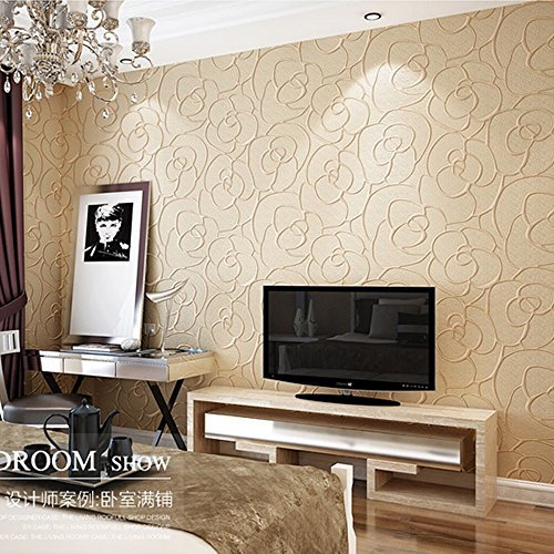 YangYun Home Decoration Modern Minimalist Rose Flower Non-Woven 3D Deep Embossed Textured Living Room Bedroom Non-Pasted Wallpaper Roll Beige Color 0.53m (1.73' W) x 10m(32.8'L)=5.3m2 (57 sq.ft)