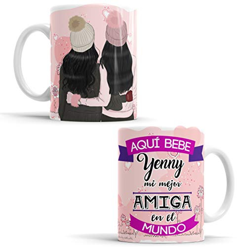 OyC Original y Creativo Taza Amiga - Taza Aquí Bebe la Mejor Amiga del Mundo/Taza aqui Bebe una Super Amiga/Taza con Frase y Dibujo Personalizada con Nombre (Mejor Amiga 1)