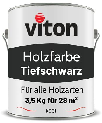 Viton Holzfarbe in Schwarz - 3,5 Kg Holzlack Seidenmatt - Wetterschutzfarbe für Außen - 3in1 Grundierung & Deckfarbe - Profi-Holzschutzlack - KE31 - RAL 9005 Tiefschwarz