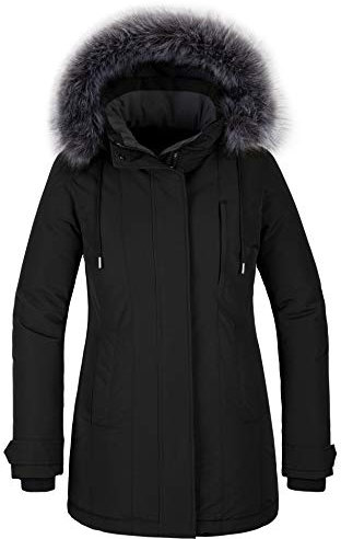 CHIN·MOON Women's Warm Puffer Jacket Waterproof Winter Coat Windproof Down Jacket with Hood Outdoor Parka Jacket Mid Length Thicken Overcoat with Faux Fur Hooded Black L
