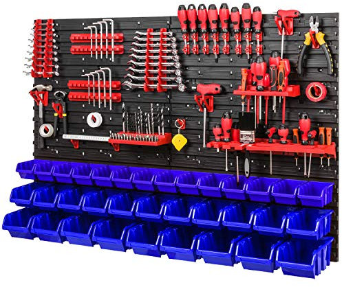 Werkzeugwand Stapelboxen 1152 x 780 mm - Lagersystem SET Werkzeughaltern und 34 Stück Box - Wandregal Werkstattregal Lochwand Schüttenregal Sichtlagerkästen, Blau