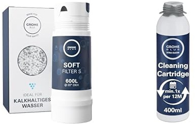 GROHE Set Filtro a 5 Fasi per Elevare il Gusto dell’Acqua, Ridurne il Residuo Fisso e il Calcare, Taglia S Capacità Media 600 l, 40404001 + Cartuccia per Pulizia per sistemi GROHE Blue