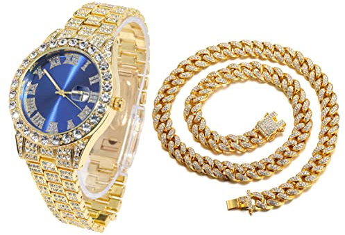 Halukakah Diamant Golduhr, Herren 18K Echt Vergoldet 42MM Breite Blau Wählen Quarz Armband 24cm mit Kubanischer Link Kette 45cm Halskette Set, mit Geschenkbox