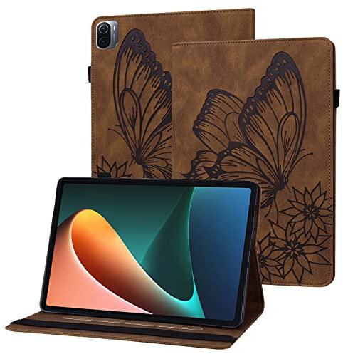 Rostsant Coque Xiaomi Mi Pad 5 Pro/Mi Pad 5 Papillon en Relief Etui en Cuir PU Portefeuille Porte-Stylo Tablette Housse de Protection pour Xiaomi Mi Pad 5 Pro/Mi Pad 5 11 Pouces 2021 - Brun
